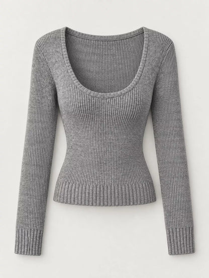 Scoop Neck Ribbed Knit Slim-Fit Sweater with Long Sleeves