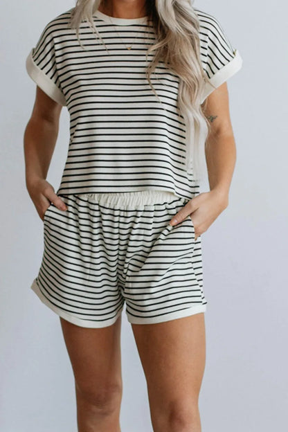 Women's Striped Contrast Top and Shorts Set - Matching Sets
