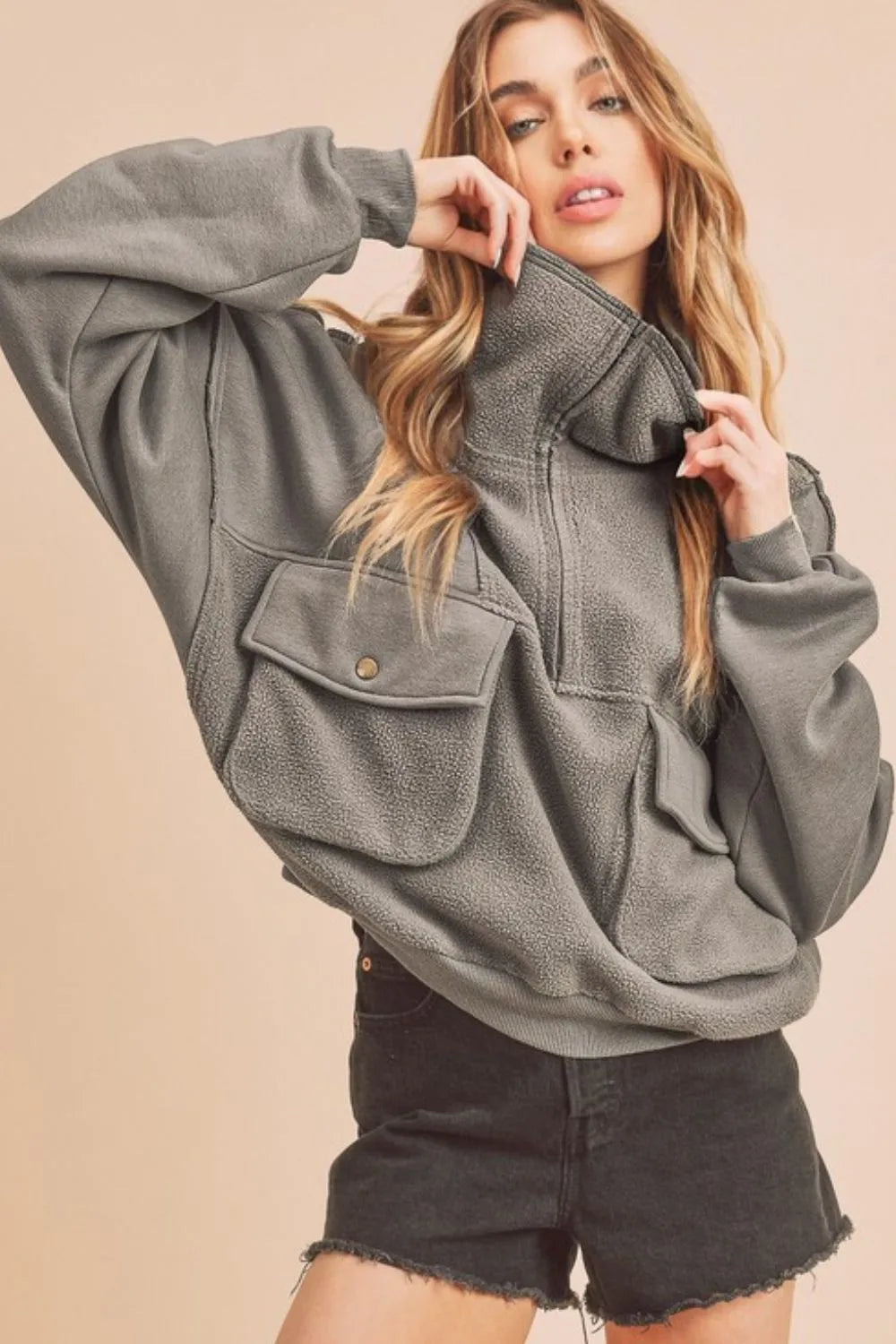 Exposed Seam Half Zip Sweatshirt With Pockets | Trendy Sweatshirts Outfit Idea for Women by Ro + Ivy | Elevated Basics, Modern Comfort & Style
