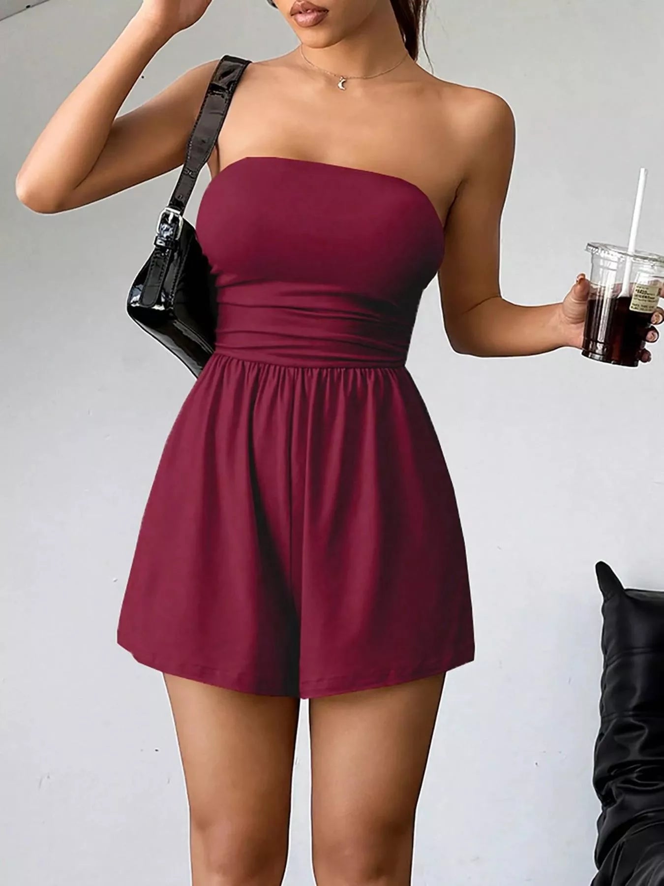 Women's Strapless Ruched Waist Romper - Burgundy Rompers