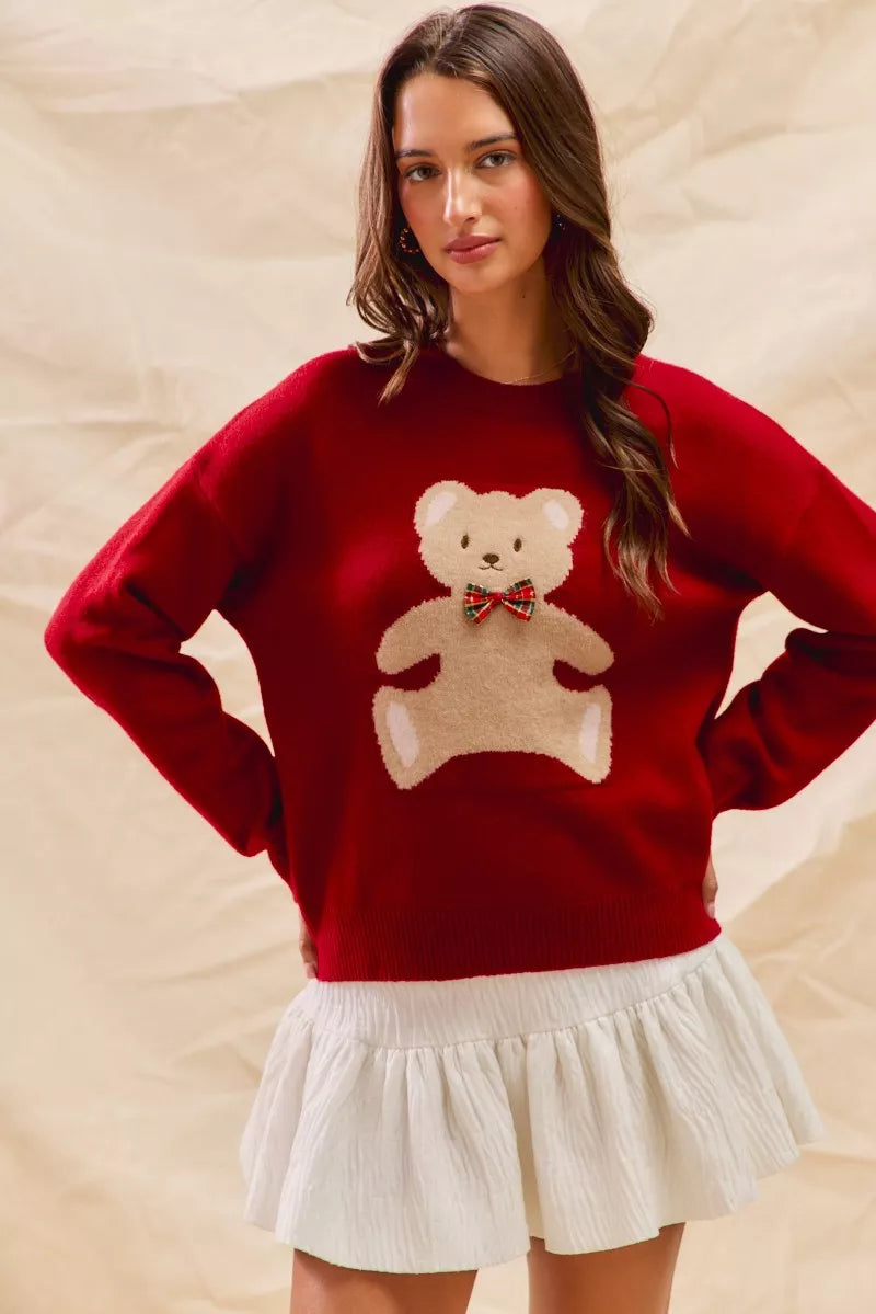 Round Neck Long Sleeve Teddy Bear Christmas Sweater | Trendy Sweaters Outfit Idea for Women by Ro + Ivy | Elevated Basics, Modern Comfort & Style