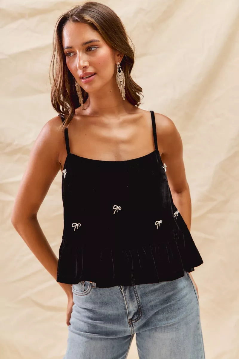 Rhinestone Ribbon Velvet Blend Spaghetti Strap Top | Trendy Tops Outfit Idea for Women by Ro + Ivy | Elevated Basics, Modern Comfort & Style