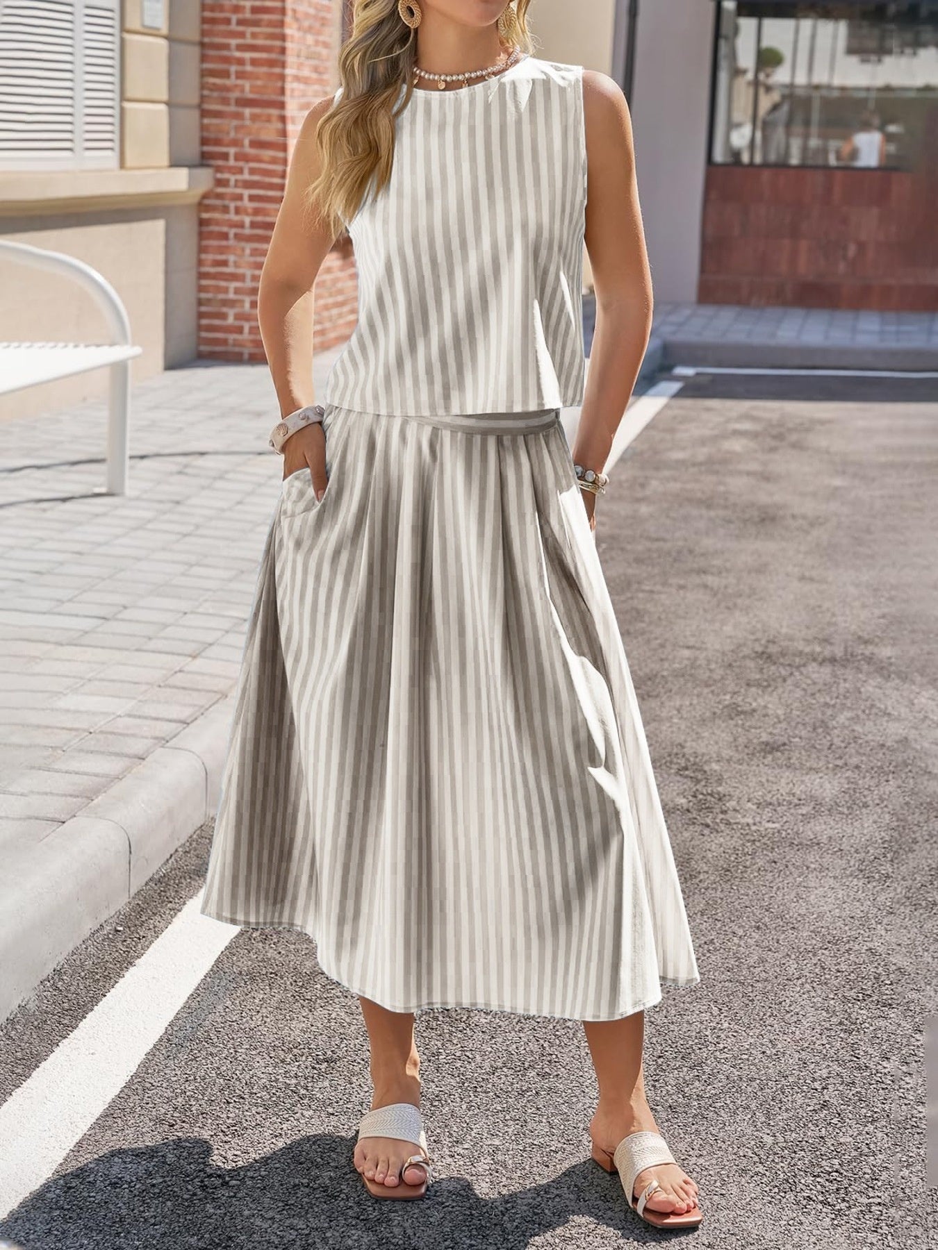Women's Striped Sleeveless Top and Midi Skirt Set - Matching Sets