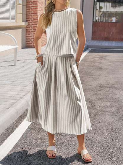 Women's Striped Sleeveless Top and Midi Skirt Set - Matching Sets