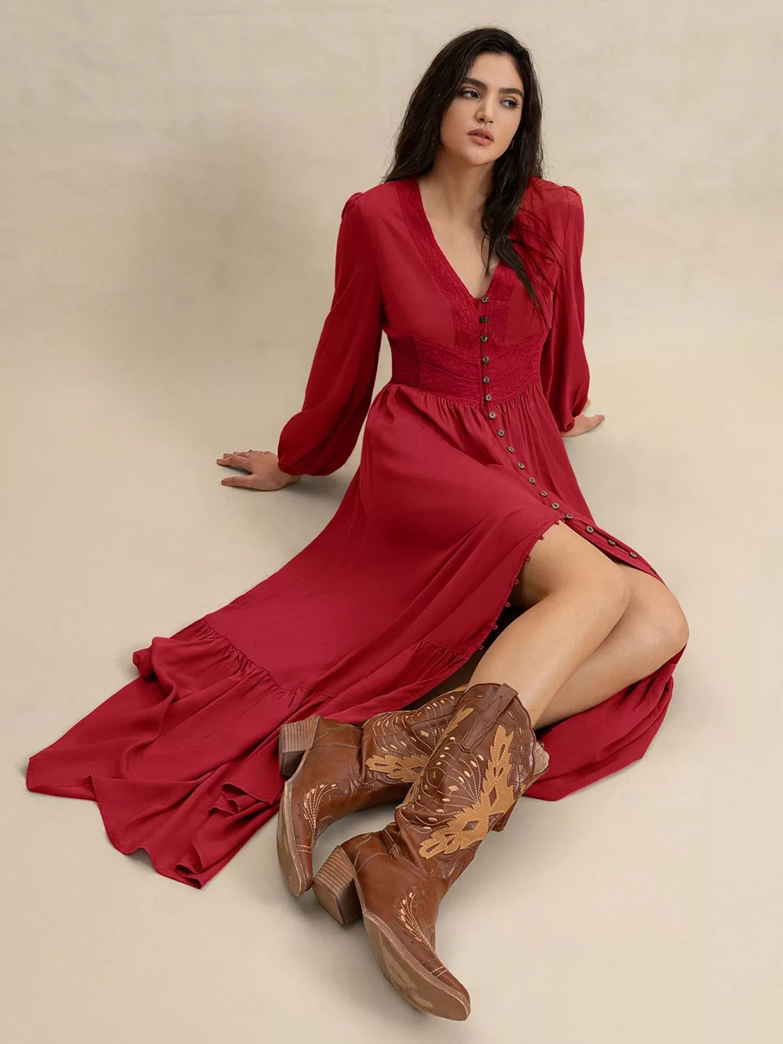 Women's Flowy V-Neck Balloon Sleeve Ruffled Hem Maxi Dress - Maxi Dresses