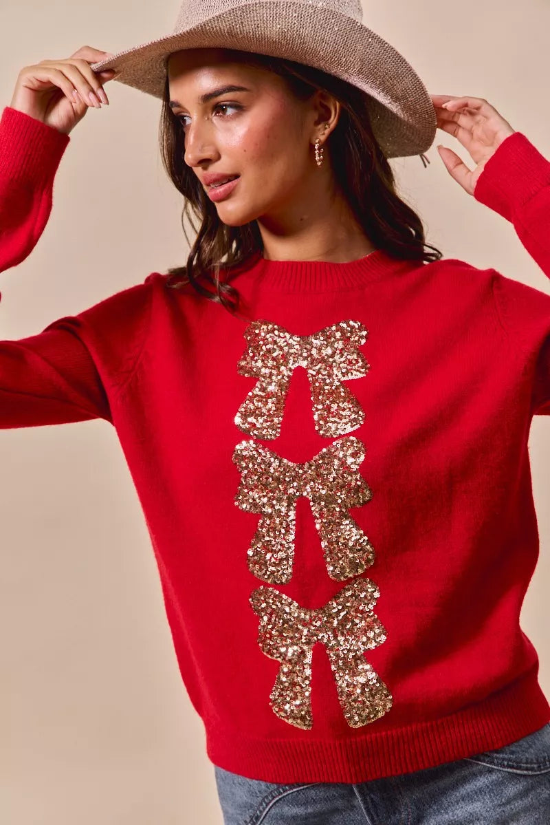 Red Sequined Bow Christmas Sweater | Trendy Sweaters Outfit Idea for Women by Ro + Ivy | Elevated Basics, Modern Comfort & Style