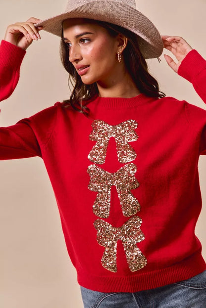 Red Sequined Bow Christmas Sweater | Trendy Sweaters Outfit Idea for Women by Ro + Ivy | Elevated Basics, Modern Comfort & Style