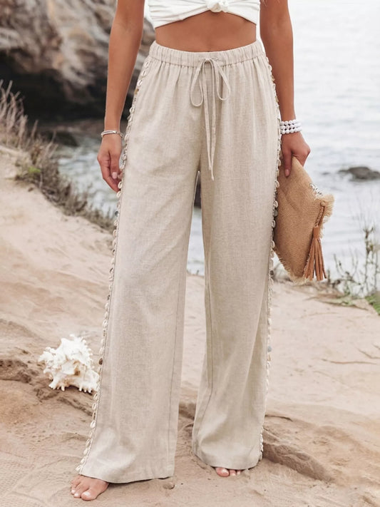 Women's Linen Blend Wide Leg Drawstring Pants Khaki