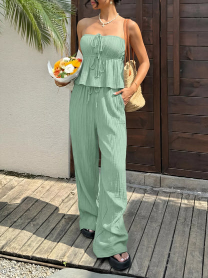 Women's Tube Top and Wide Leg Pants Set - Matching Sets