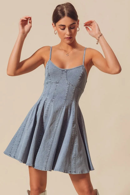 A Line Fit And Flare Denim Bow Ties Mini Dress | Trendy Mini Dresses Outfit Idea for Women by Ro + Ivy | Elevated Basics, Modern Comfort & Style