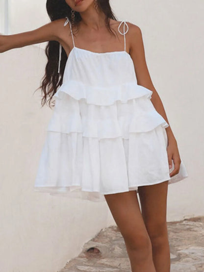 Women's Ruffle Layered Tie Shoulder Cami Mini Dress - Mini Dresses