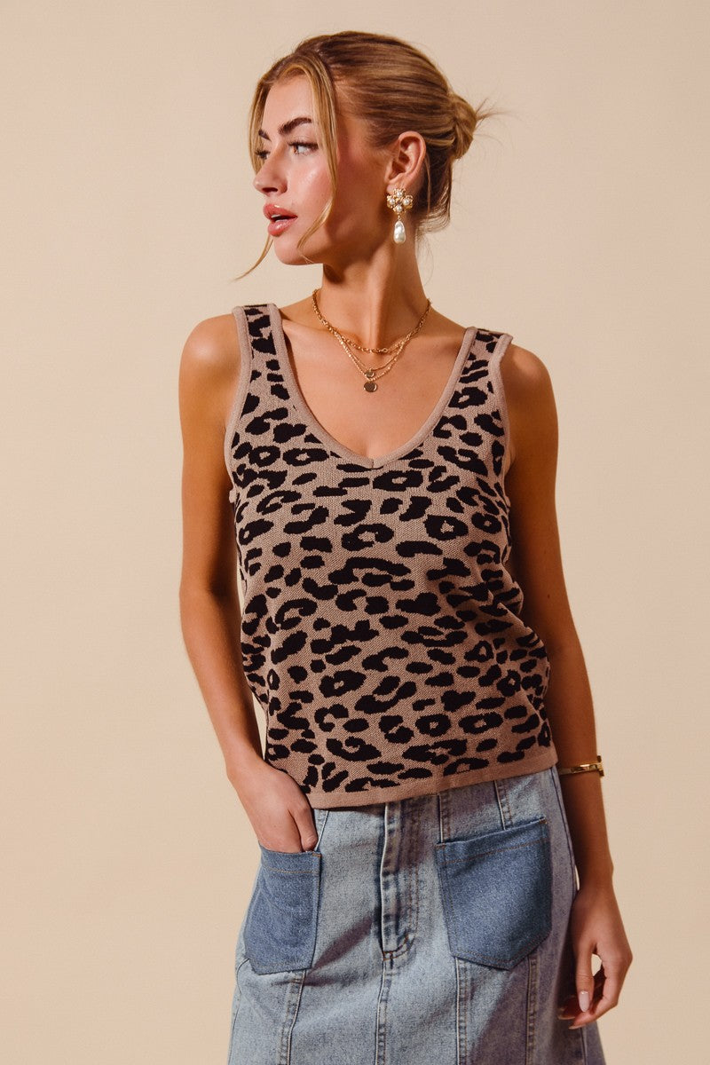 Leopard Knitted Lightweight V Neck Tank Top - Tank Tops
