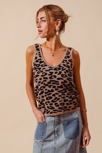 Leopard Knitted Lightweight V Neck Tank Top - Tank Tops
