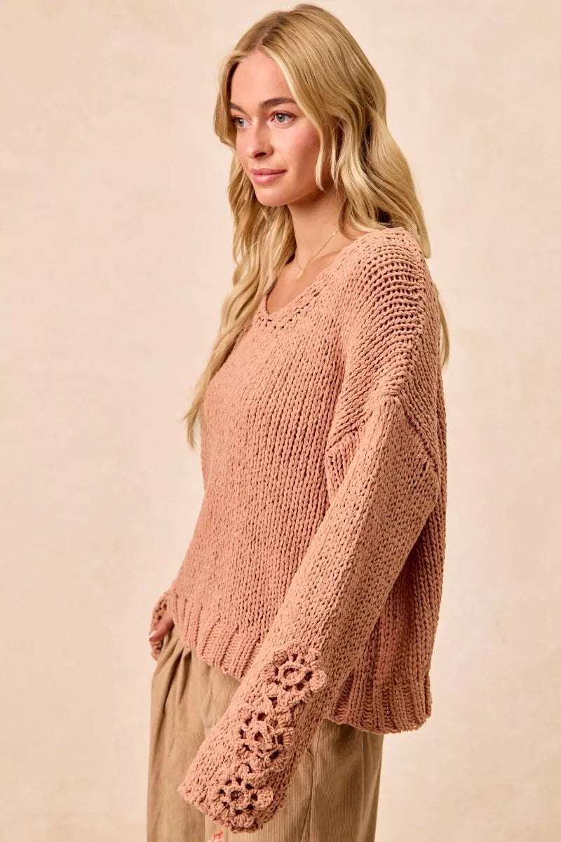 Knit V Neck Sweater with Flower Detailed Sleeves | Trendy Sweaters Outfit Idea for Women by Ro + Ivy | Elevated Basics, Modern Comfort & Style
