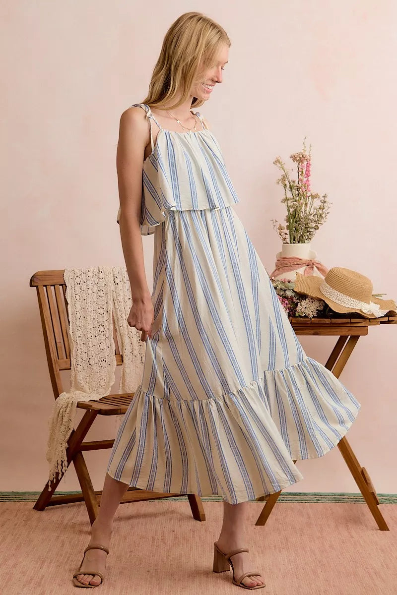 Women's Striped Tiered Shoulder Tie Midi Dress - Midi Dresses