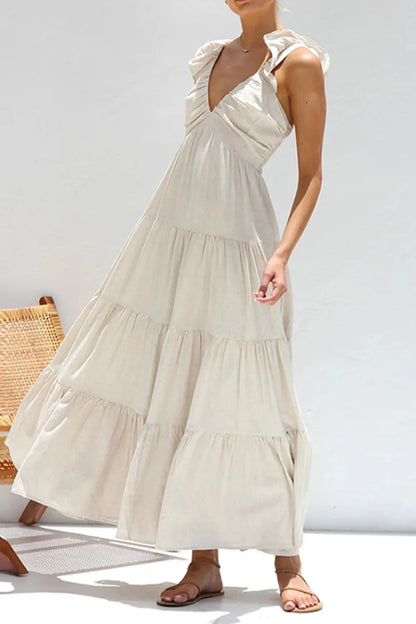 Women's Ruffled V-Neck Tiered Maxi Dress - Maxi Dresses
