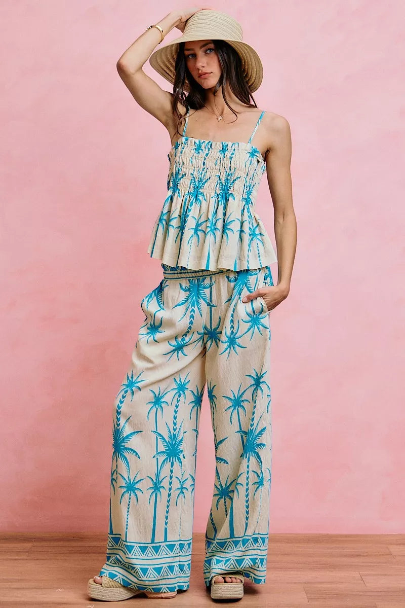 Women's Palm Tree Print Smocked Cami Top - Cami Tops
