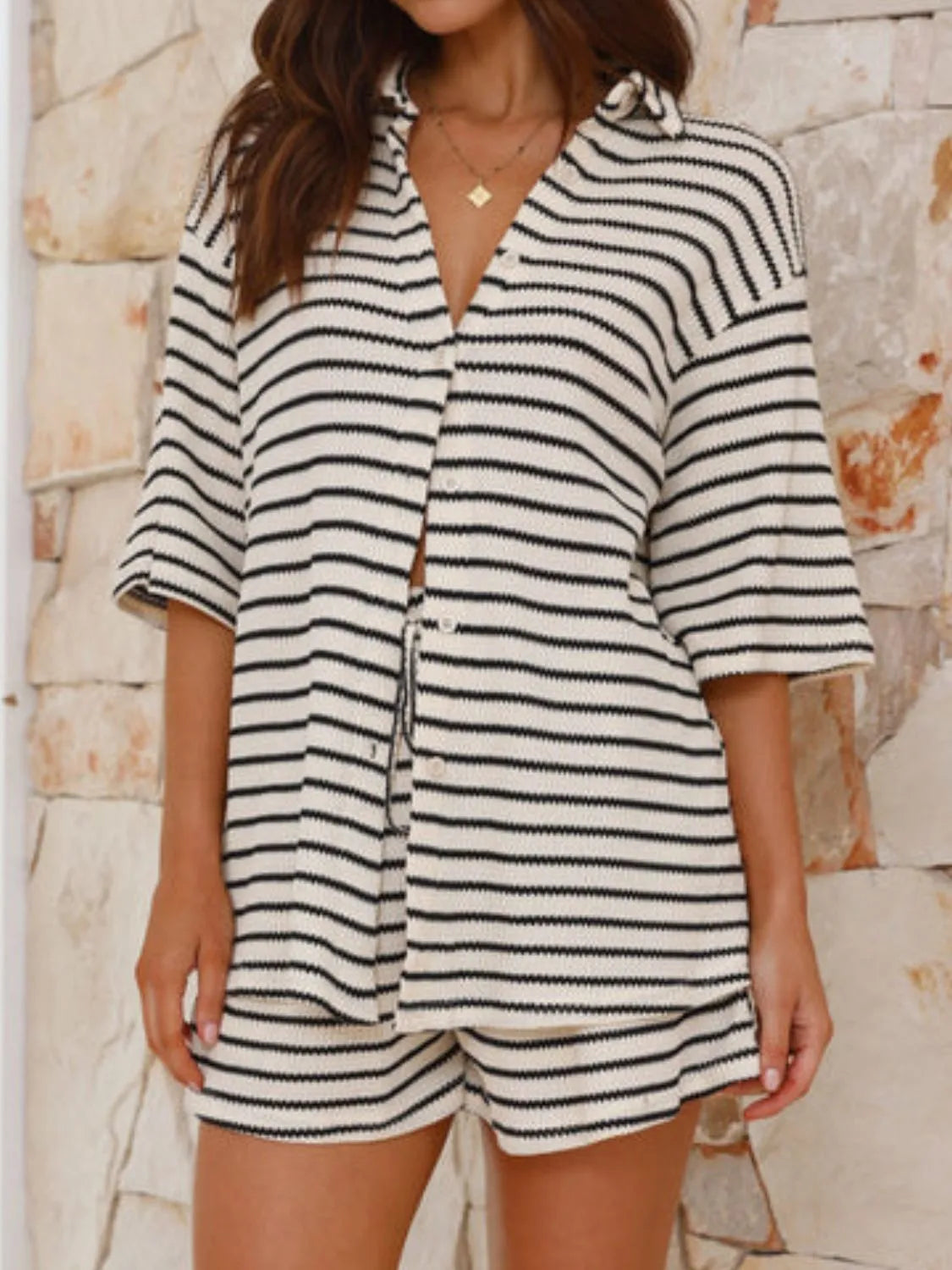 Striped Half Sleeve Top and Shorts Loungewear Set - Loungewear Sets