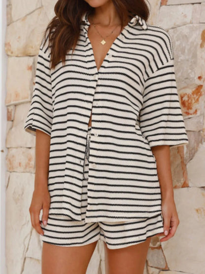 Striped Half Sleeve Top and Shorts Loungewear Set - Loungewear Sets