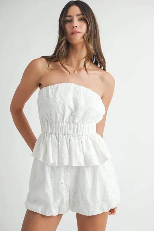Floral Eyelet Lace Tube Top And Short Set – outfit idea for women | Ro + Ivy