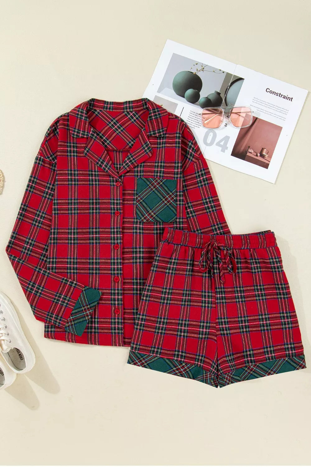 Plaid Christmas Pajama Set with Button-Front Shirt, Pockets and Drawstring Shorts