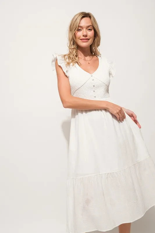 Ruffle Sleeve Front Smocked Tiered Midi Dress — Whimsical Romantic Feminine Flowing Style - Mini Dresses