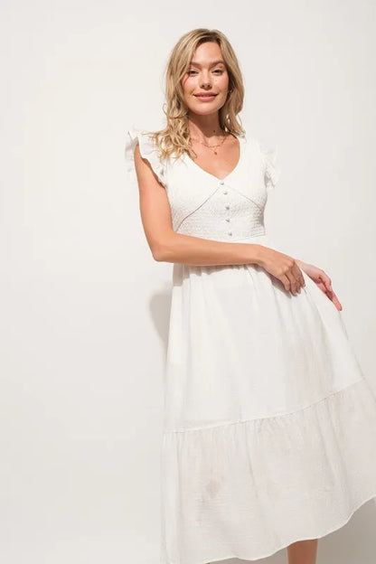 Ruffle Sleeve Front Smocked Tiered Midi Dress — Whimsical Romantic Feminine Flowing Style - Mini Dresses
