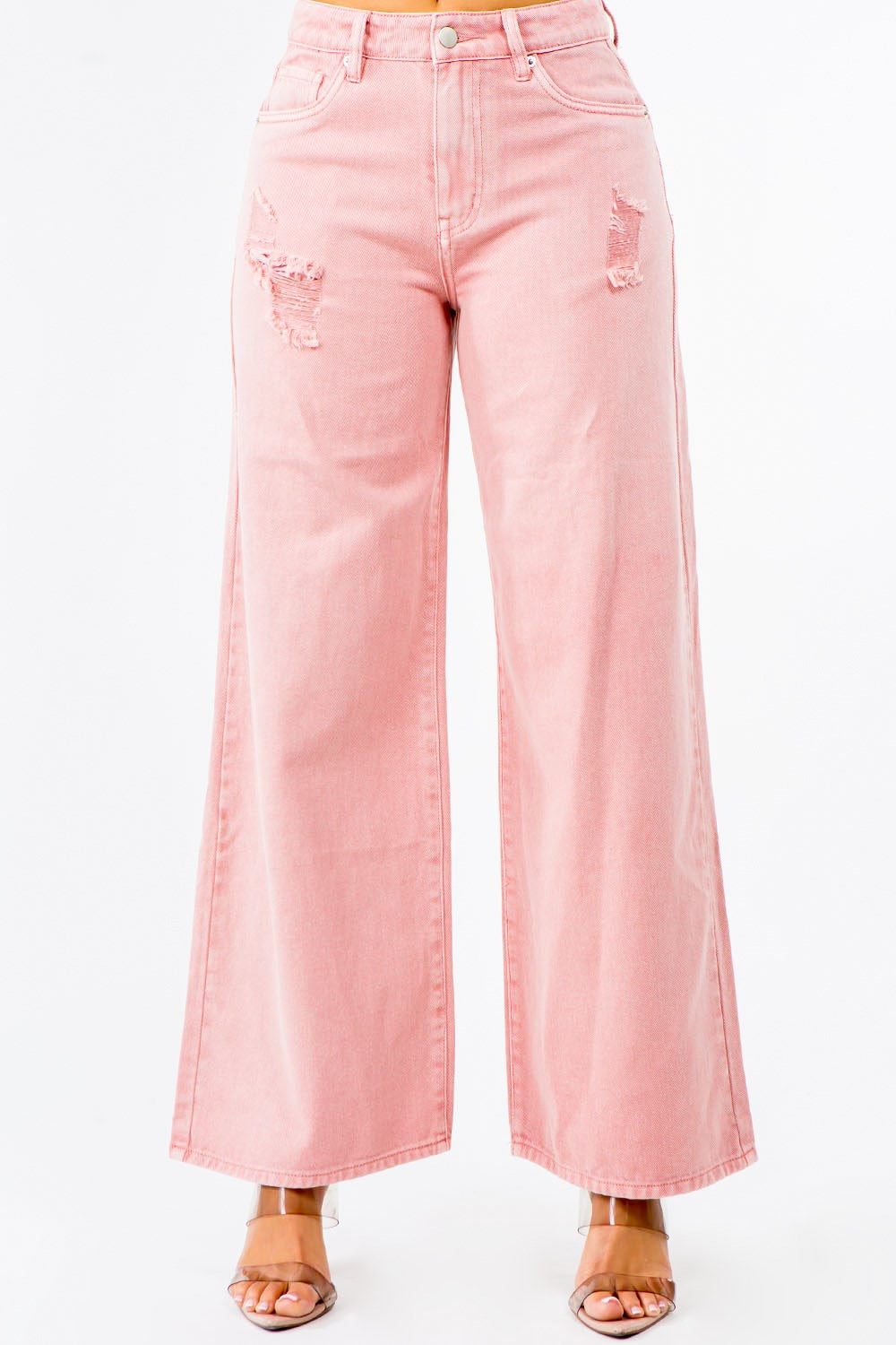 High Waist Distressed Wide Leg Jeans in Blush Pink – Blush Pink outfit idea for women | Ro + Ivy