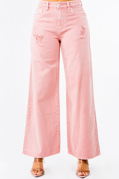 High Waist Distressed Wide Leg Jeans in Blush Pink – Blush Pink outfit idea for women | Ro + Ivy