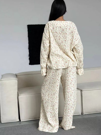 Floral Print Button-Down V Neck Top and Pants Loungewear Set - Loungewear Sets