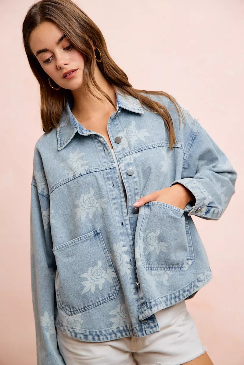 Women's Printed Washed Denim Jacket with Pocket - Jackets