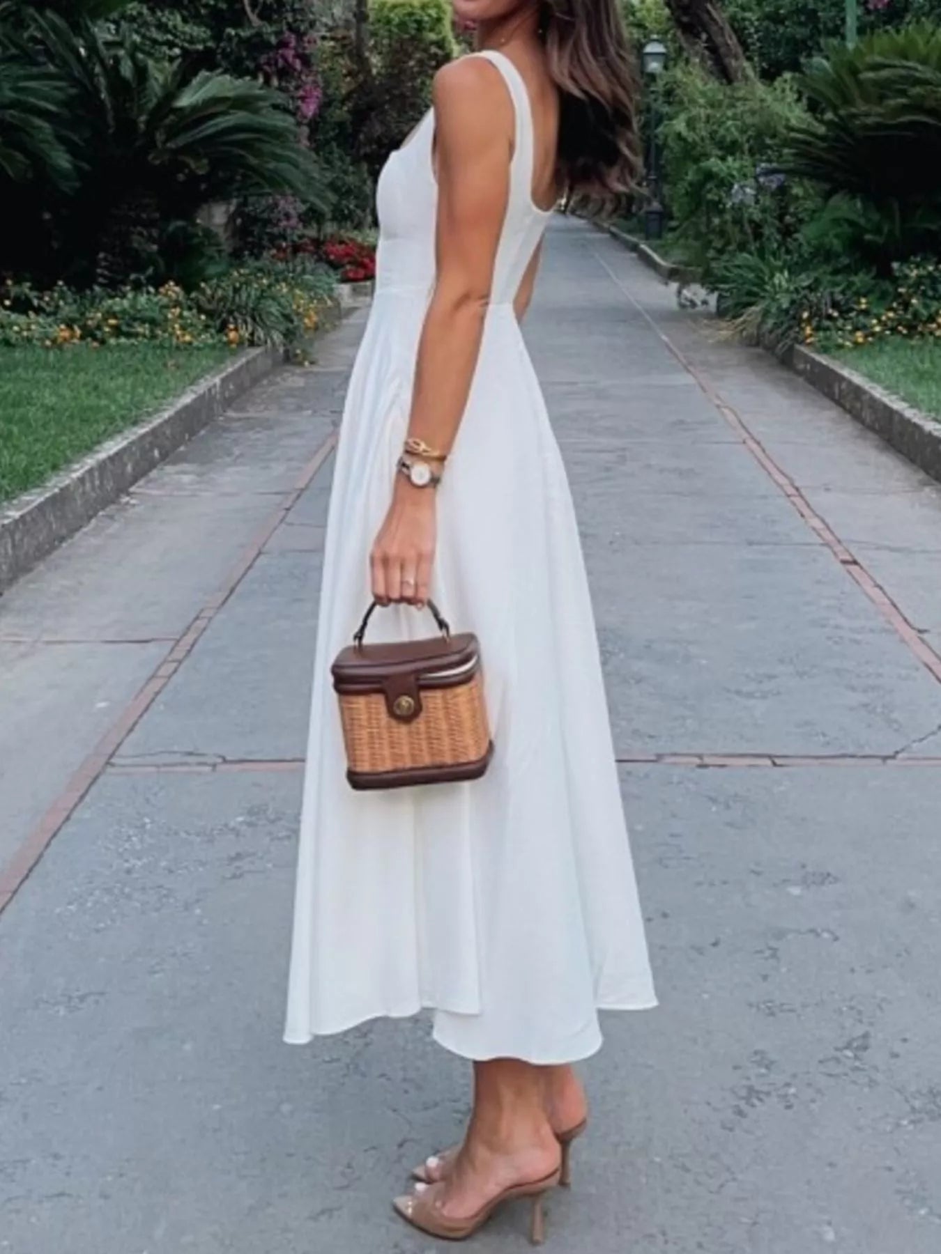 Women's Square Neck Wide Strap A-Line Midi Dress - Midi Dresses