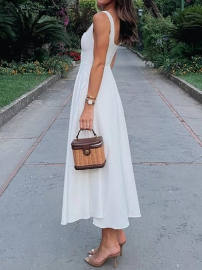 Women's Square Neck Wide Strap A-Line Midi Dress - Midi Dresses