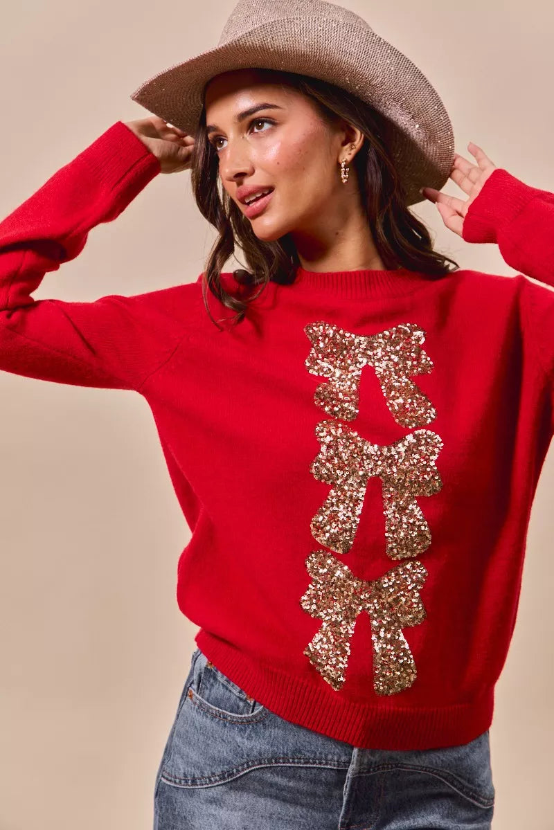 Red Sequined Bow Christmas Sweater | Trendy Sweaters Outfit Idea for Women by Ro + Ivy | Elevated Basics, Modern Comfort & Style