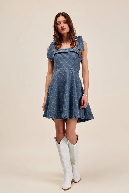 A Line Fit And Flare Diamond Bow Ribbon Denim Dress – DENIM outfit idea for women | Ro + Ivy