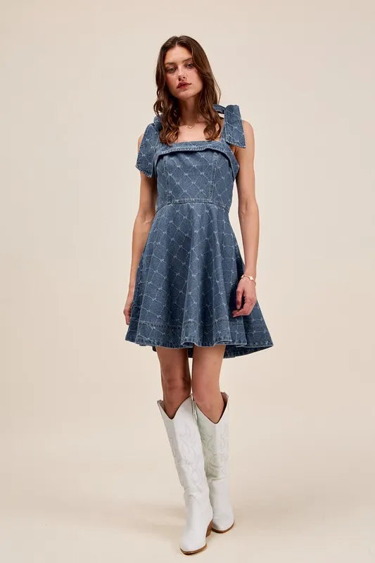 A Line Fit And Flare Diamond Bow Ribbon Denim Dress – DENIM outfit idea for women | Ro + Ivy