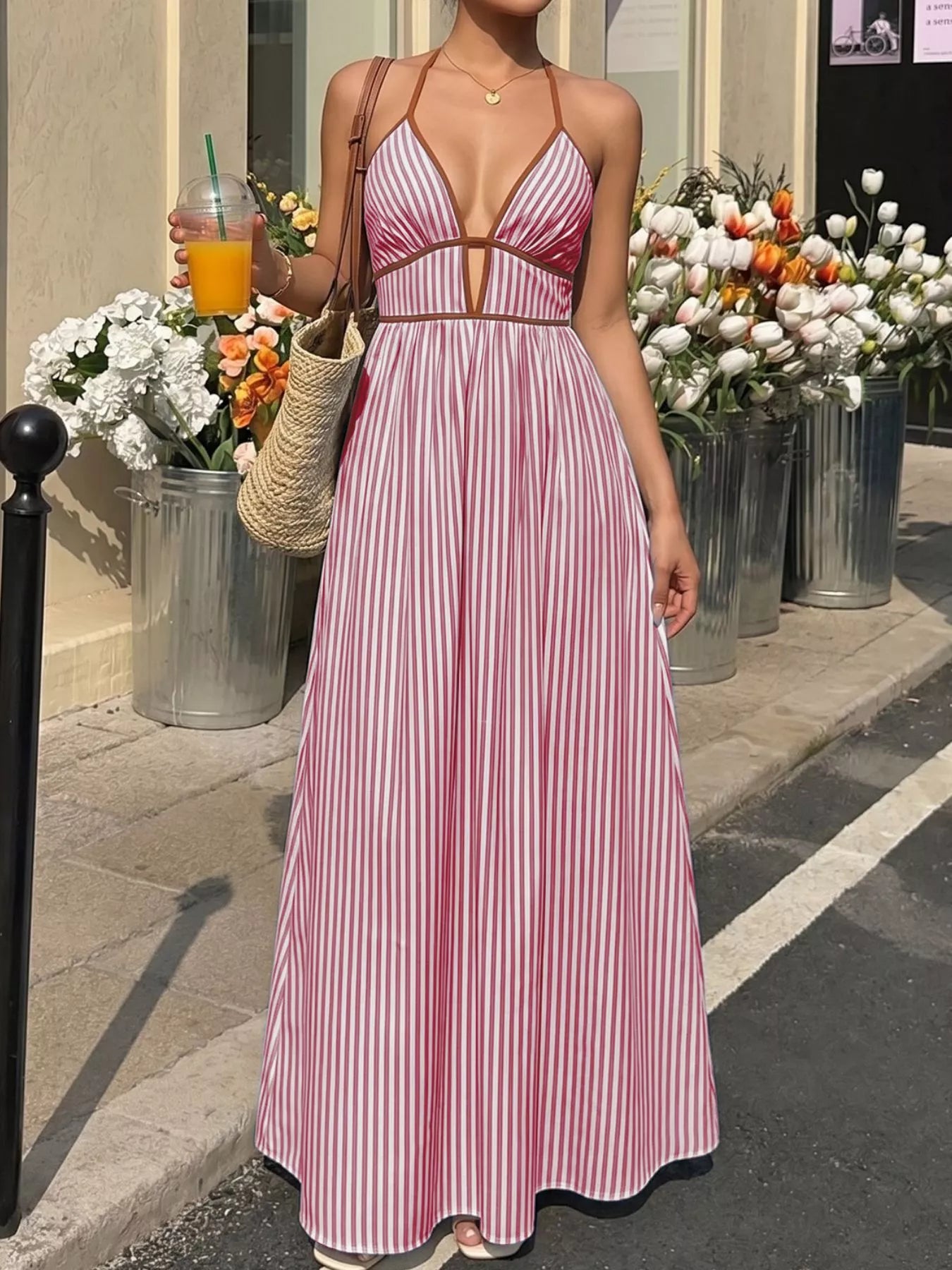 Women's Smocked Striped Halter Neck Maxi Dress - Maxi Dresses