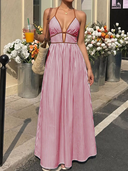 Women's Smocked Striped Halter Neck Maxi Dress - Maxi Dresses