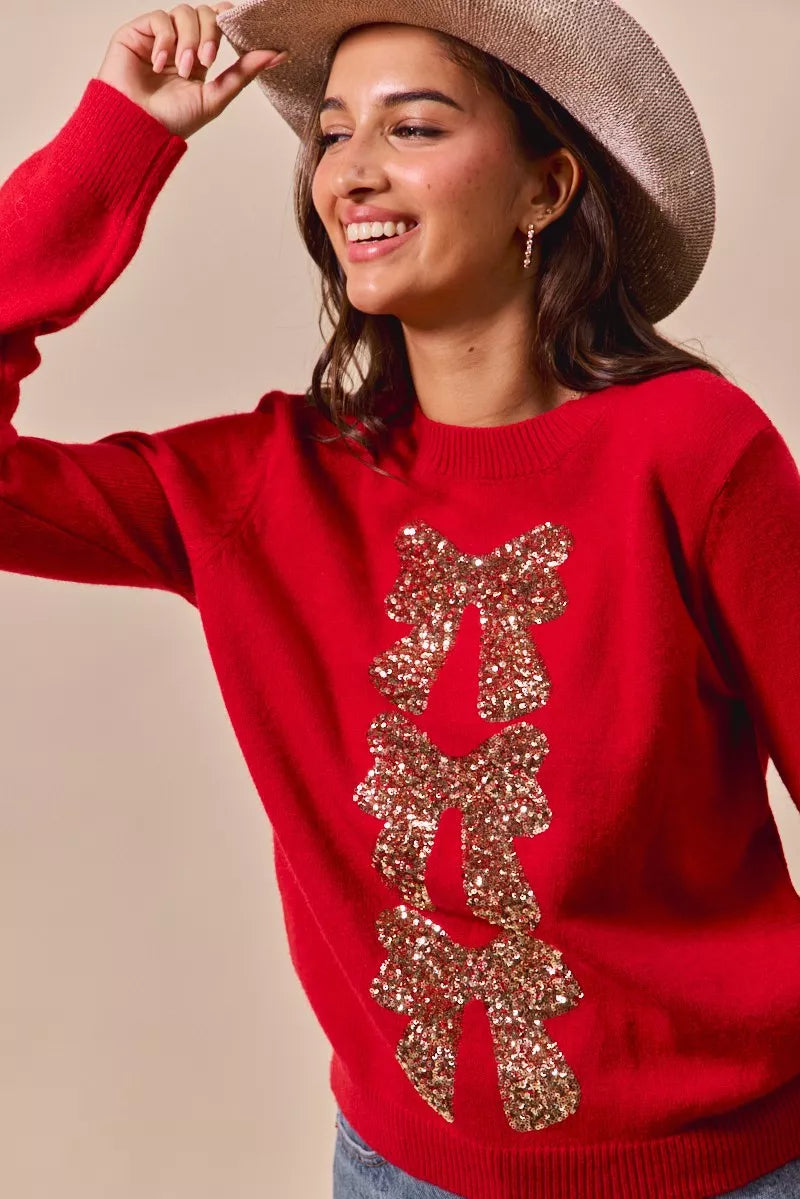 Red Sequined Bow Christmas Sweater | Trendy Sweaters Outfit Idea for Women by Ro + Ivy | Elevated Basics, Modern Comfort & Style