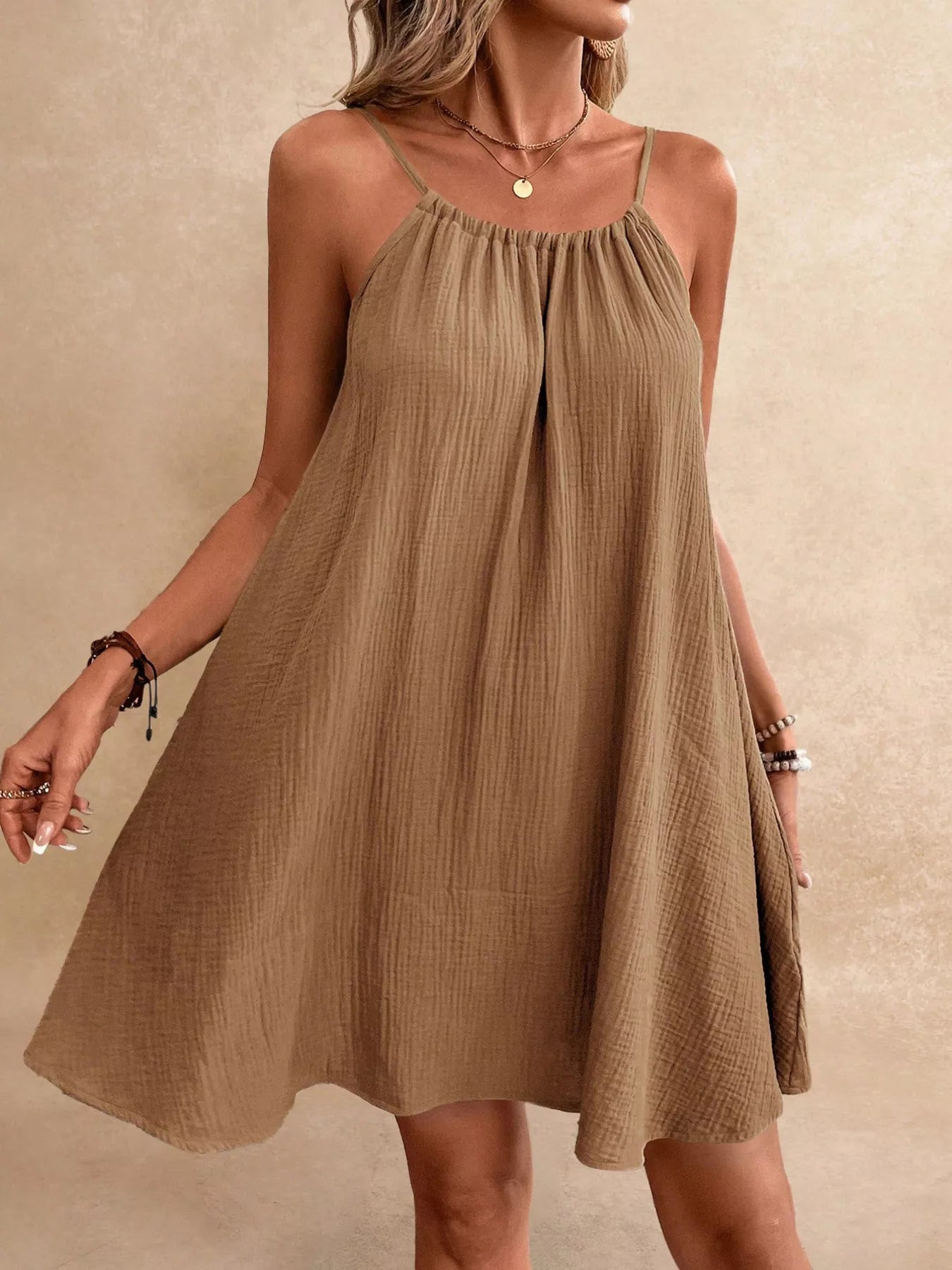 Women's Spaghetti Strap Gauze Mini Dress - Mini Dresses