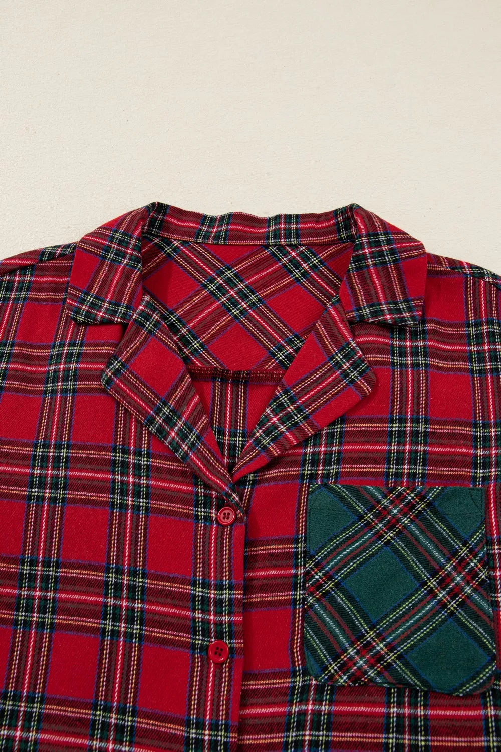 Plaid Christmas Pajama Set with Button-Front Shirt, Pockets and Drawstring Shorts