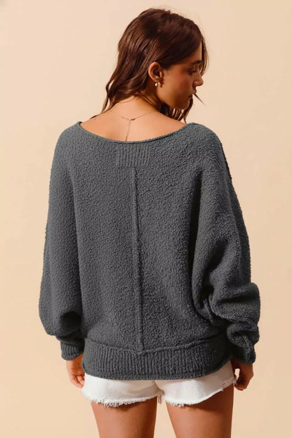 Boucle Loose Fit Sweater with Exposed Seam in Charcoal | Trendy Sweaters Outfit Idea for Women by Ro + Ivy | Elevated Basics, Modern Comfort & Style