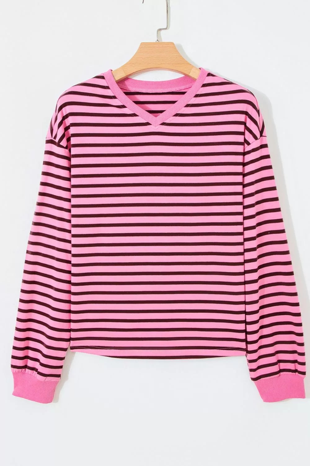 Women's Striped V-Neck Drop Shoulder Long Sleeve Top - Tops
