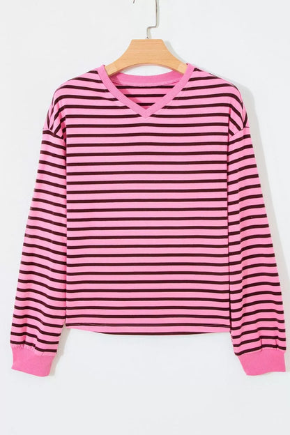 Women's Striped V-Neck Drop Shoulder Long Sleeve Top - Tops