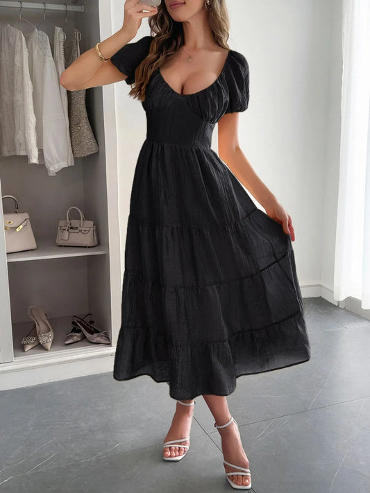 Scoop Neck Backless Tiered Puff Sleeve Midi Dress - Black Mini Dresses