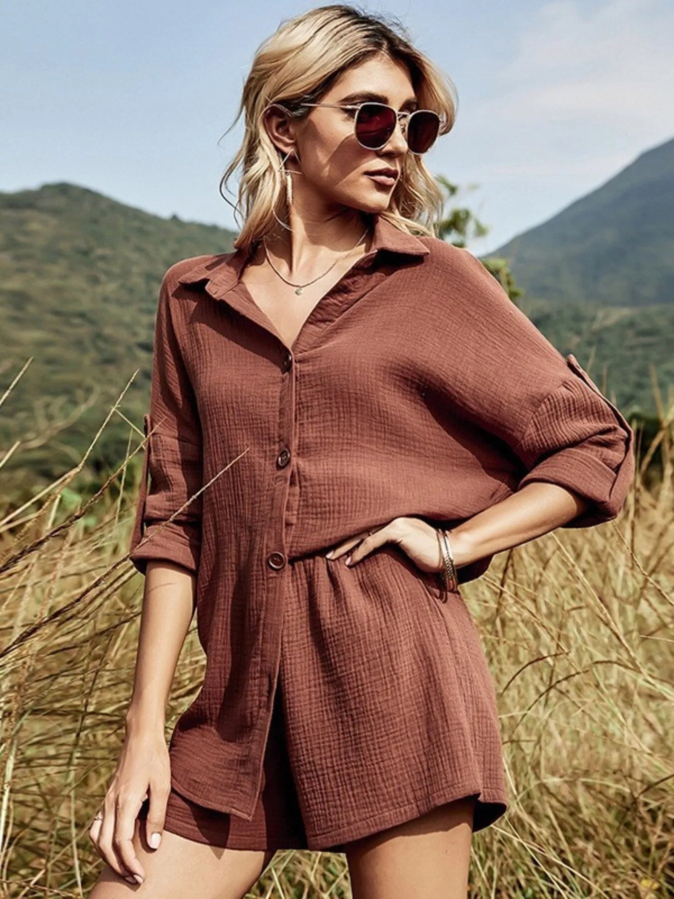 Women's Button Down Shirt and Shorts Set - Brick Red Matching Sets