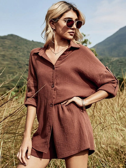 Women's Button Down Shirt and Shorts Set - Brick Red Matching Sets