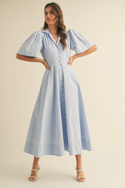Floral Embroidered Maxi Dress with Button-Down Front - Maxi Dresses
