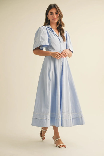 Floral Embroidered Maxi Dress with Button-Down Front - Maxi Dresses