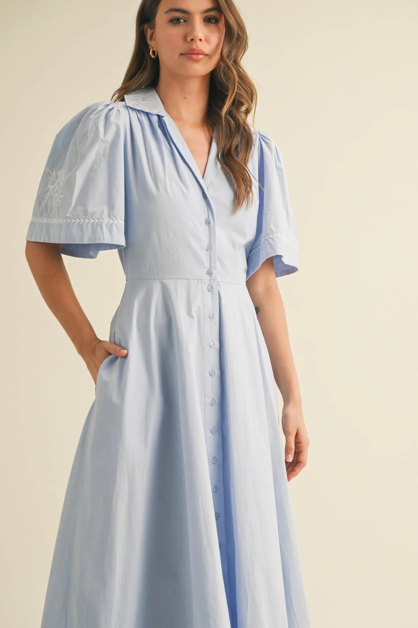 Floral Embroidered Maxi Dress with Button-Down Front - Maxi Dresses